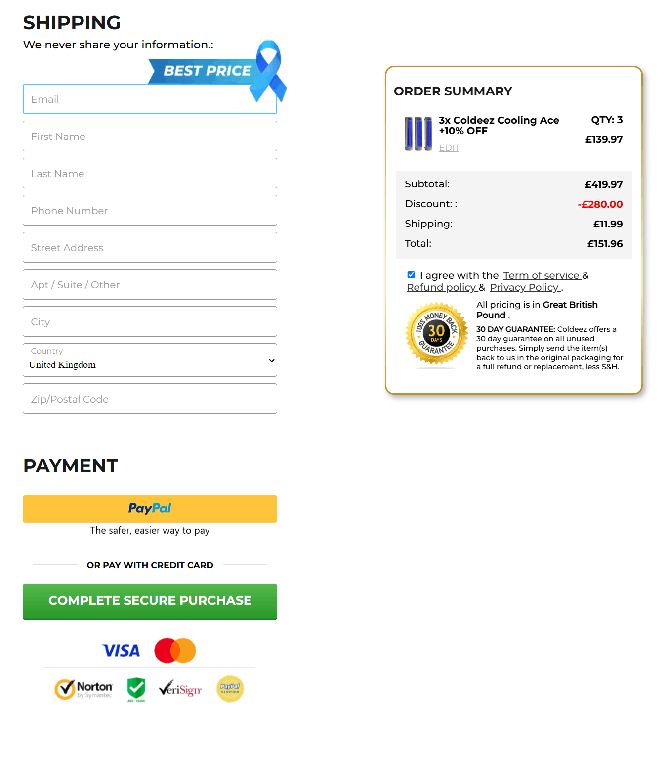 Coldeez Cooling ACE checkout page